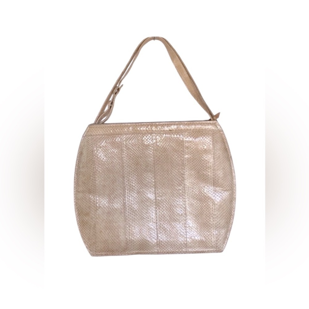 W.A. Thompson snakeskin bag, cream, zip, pockets, top handle OR shoulder. Euc